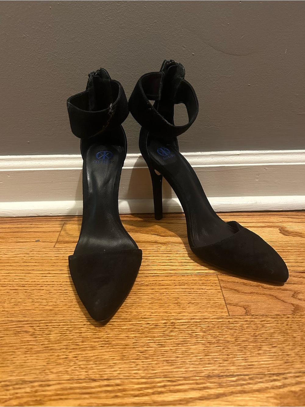 Dee Keller black suede pointed-toe ankle-strap pumps